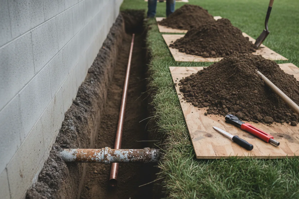 Excavated water line trench during Water Softener Installation in Toulon